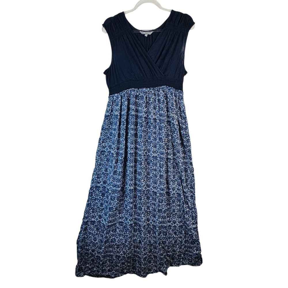 Daisy Fuentes Maxi Dress Navy Combo Floral Print V Neck Smocked Waist sz XL Boho